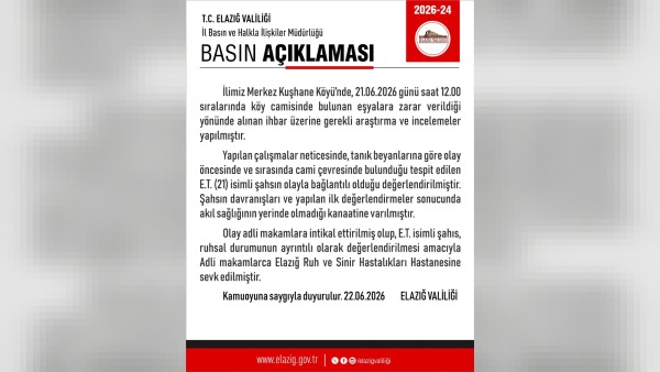 Elazığ Kuşhane Köyü'ndeki camide zarar veren 21 yaşındaki şahıs adli makamlara sevk edildi
