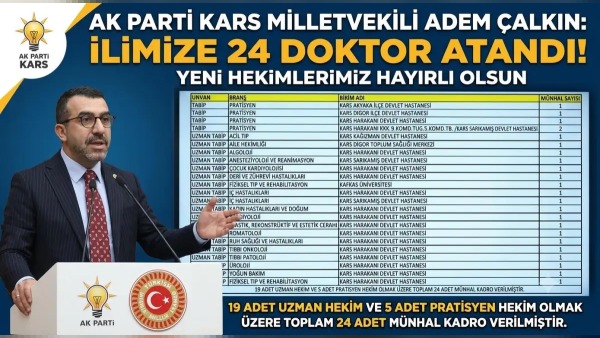 Kars’a 19 uzman hekim ve 5 pratisyen hekimin atamasıyla sağlık hizmetleri güçleniyor